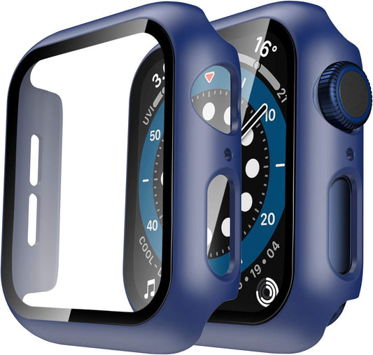 Blue Hard Case with Tempered Glass Screen Protector for Apple Watch SE/Series 6/5/4, 44mm - Full Coverage, Slim Bumper Protective Cover - Touch Sensitive