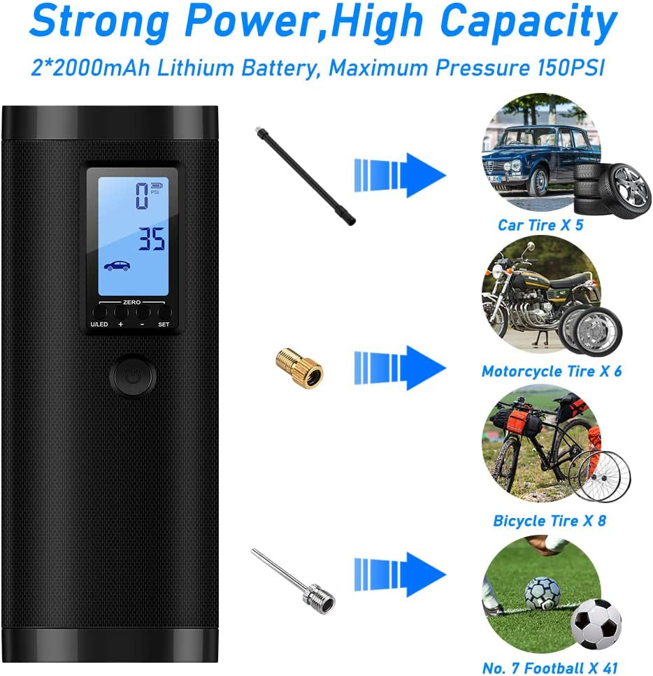 Portable Tire Inflator with Pressure Gauge, 150PSI Electric Air Pump including Heat Dissipation, Rechargeable Battery, Power Bank Functionality, LED Light, and Suitable for Bike, Motorcycle Tires, and Balls (Black)