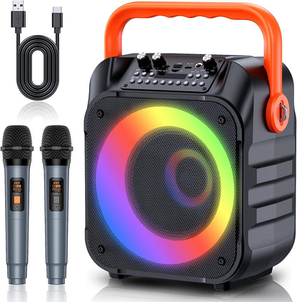 Portable Karaoke Machine with Dual Wireless Microphones for All Ages, Built-in PA System, LED Lights, Multiple Connectivity Options & Recording Capability