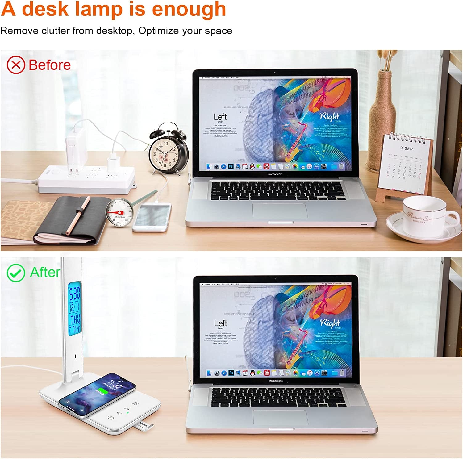 White Desk Lamp with Wireless Charger, USB Charging Port, Dimmable Light, Clock, Alarm, Date, and Temperature Display, Home and Office Use