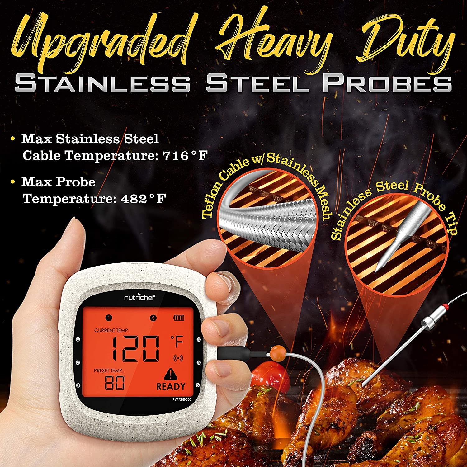 Bluetooth Grilling and Smoking Thermometer with 6 Temperature Probes, Smart APP, and 400 Ft Range