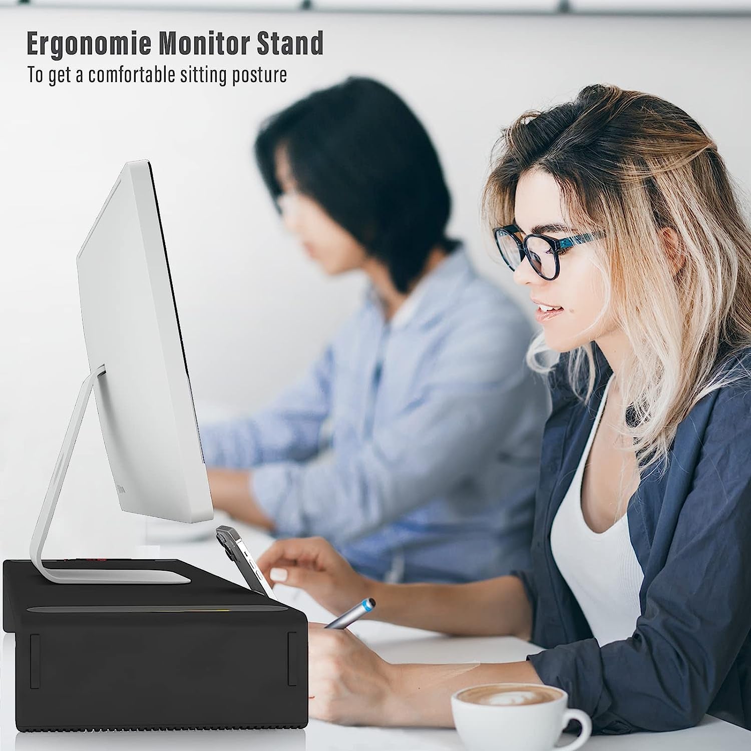 Foldable Monitor Stand Riser with Adjustable Height, Storage Drawer, Pen Slot, Phone Stand for Computer, Desktop, Laptop, Space-Saving Design