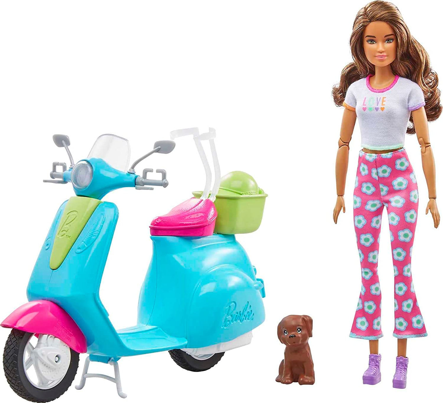 Barbie Fashionistas Doll and Scooter Travel Playset with Stickers, Pet Puppy and Themed Accessories including Map and Camera