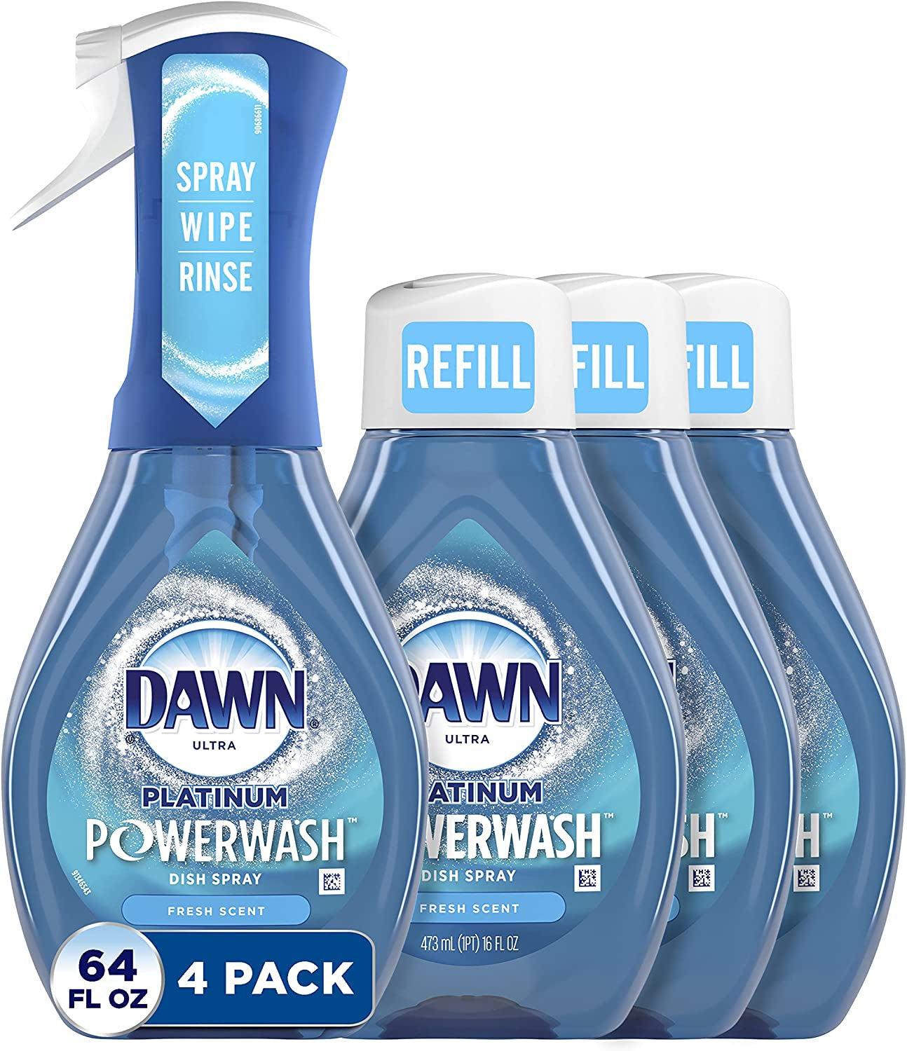 Platinum Powerwash Dish Spray, Dish Soap, Fresh Scent Bundle, 1 Spray (16Oz) + 3 Refills (16Oz Each)(Pack of 4)