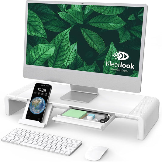 Adjustable Monitor Stand Riser with Storage Drawer & Tablet Phone Stand - Foldable Computer Stand for Desktop, Laptop - White"