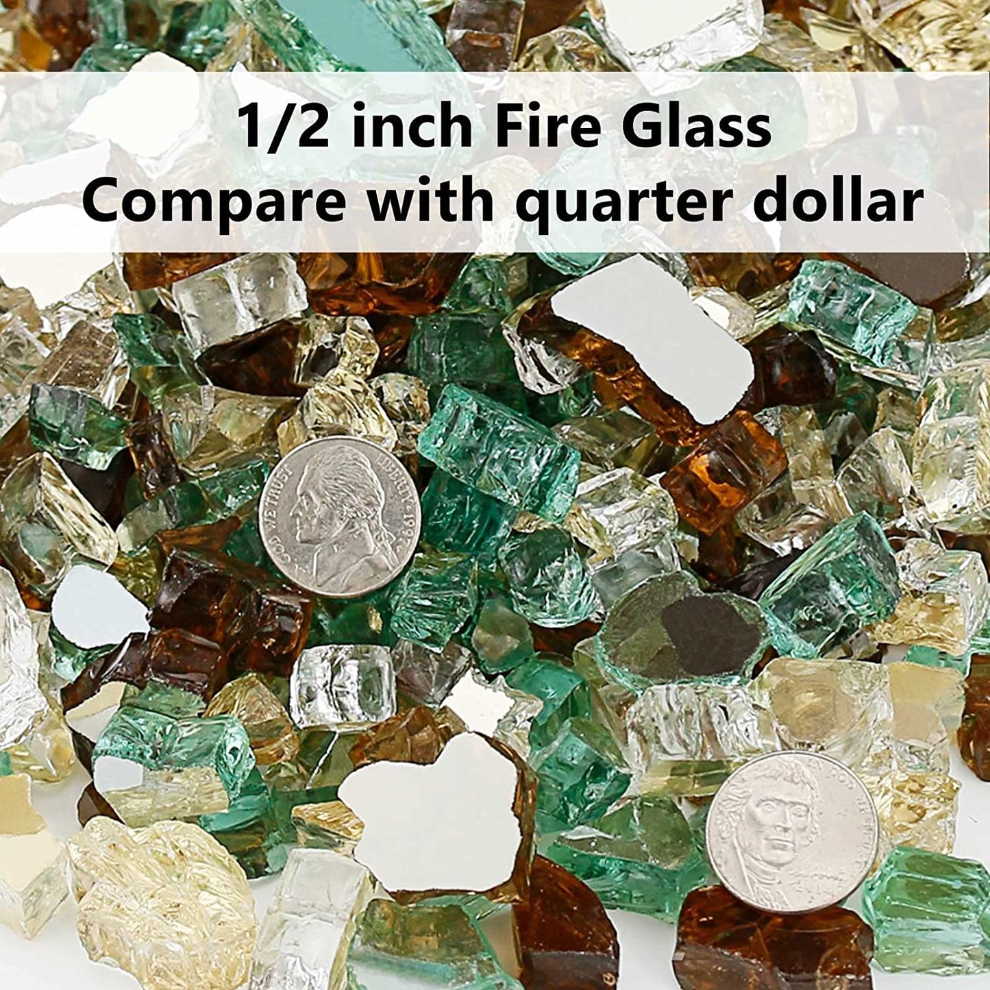 Reflective Tempered Glass Rocks for Fire Pit,10 Pounds of Mixed Color Fire Glass, 1/2 Inch Size for Natural or Propane Fireplaces