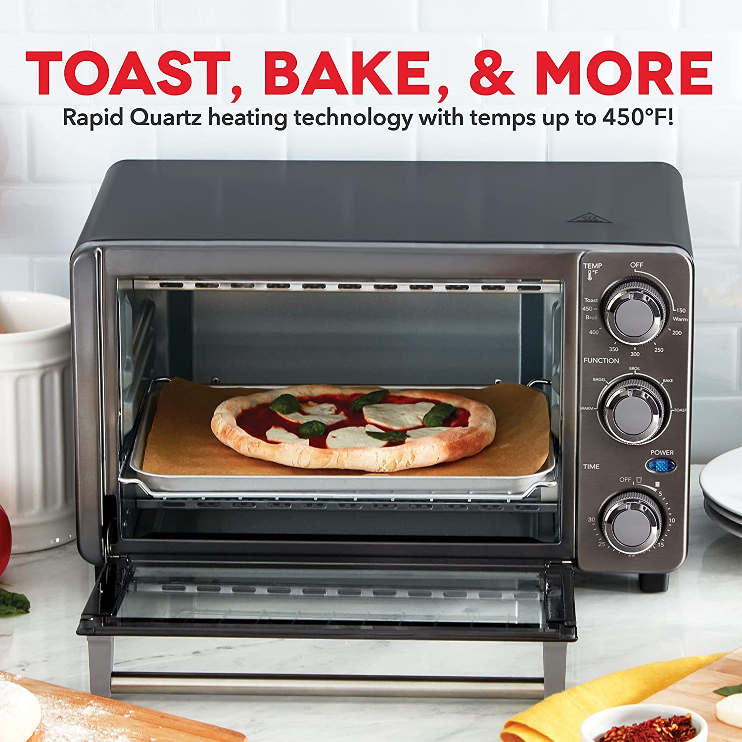 DASH Quartz Technology Express Countertop Toaster Oven - Bake, Broil, and Toast with 4 Slice Capacity and Pizza Capability - Black
