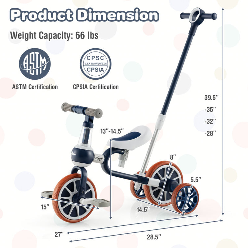 Multi-Functional Children's Tricycle with Parental Push Handle and Adjustable Seat Height