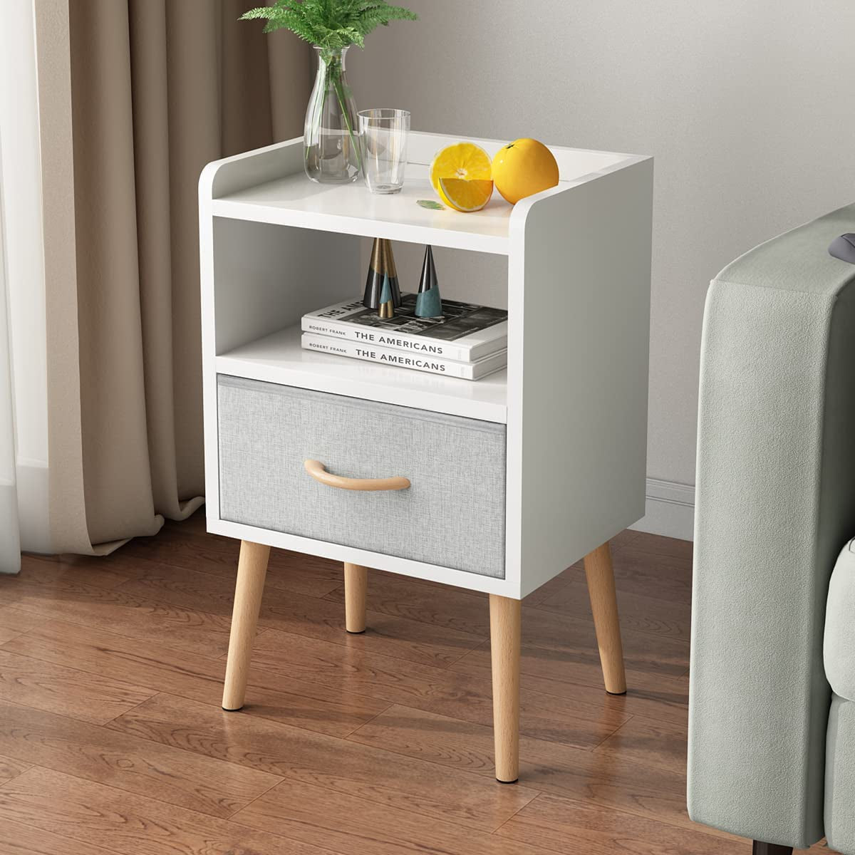 White Nightstand with Fabric Drawer, Bedside Table Featuring Solid Wood Legs, Minimalistic and Functional End Side Table with Open Storage Shelf for Bedroom Use