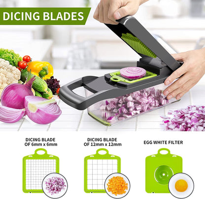 Versatile 13-In-1 Vegetable & Fruit Chopper with 8 Interchangeable Blades - Including Onion Chopper, Mandolin Slicer, and Cutter for Veggies - Complete with Colander Container - Essential Kitchen Tool for Preparing Salad, Potato, Carrot, Garlic