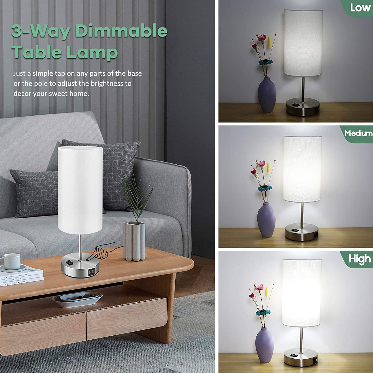 Set of 2 Touch Control Table Lamps with USB Charging Ports, AC Outlet, 3-Way Dimmable Functionality with White Fabric Lampshade and A19 LED Bulbs