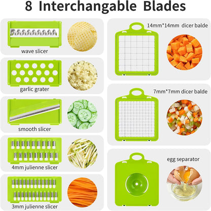 Versatile 13-In-1 Vegetable & Fruit Chopper with 8 Interchangeable Blades - Including Onion Chopper, Mandolin Slicer, and Cutter for Veggies - Complete with Colander Container - Essential Kitchen Tool for Preparing Salad, Potato, Carrot, Garlic