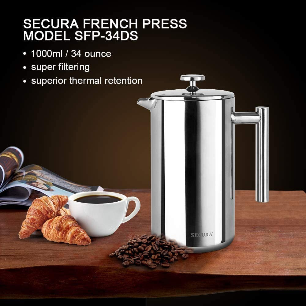 Premium Stainless Steel French Press Coffee Maker with Insulated Design, Includes 2 Additional Screens, 34Oz (1 Litre) Capacity, Silver