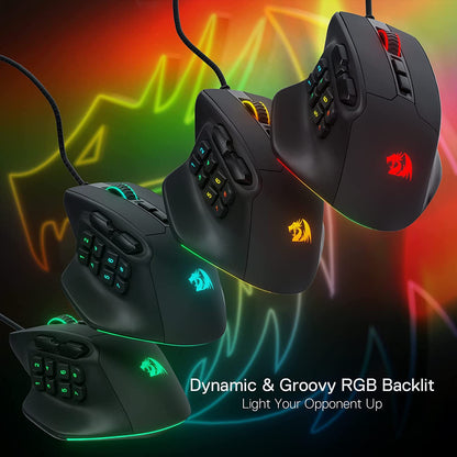 Gaming Mouse with 15 Programmable Buttons, Wired RGB Gamer Mouse with Ergonomic Natural Grip, 10 Side Macro Keys, and Customizable Keybinds & Backlit Support