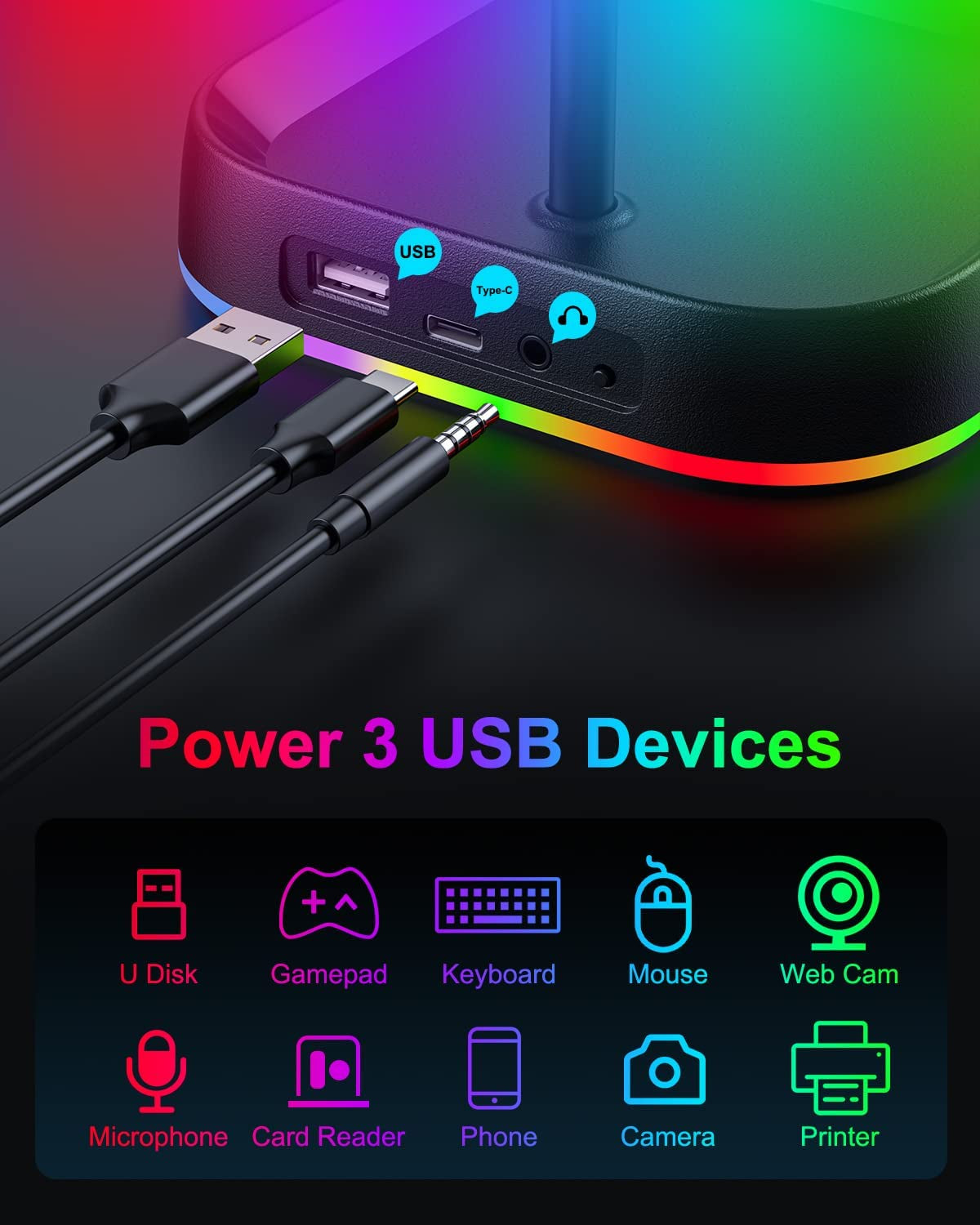 RGB Gaming Headphone Stand for Desk,Headset Stand,Headphone Holder Storage with 3 USB and 3.5Mm AUX Ports,Headphone Hanger Mount Gaming Earphone Accessories as PC Gamer Gift