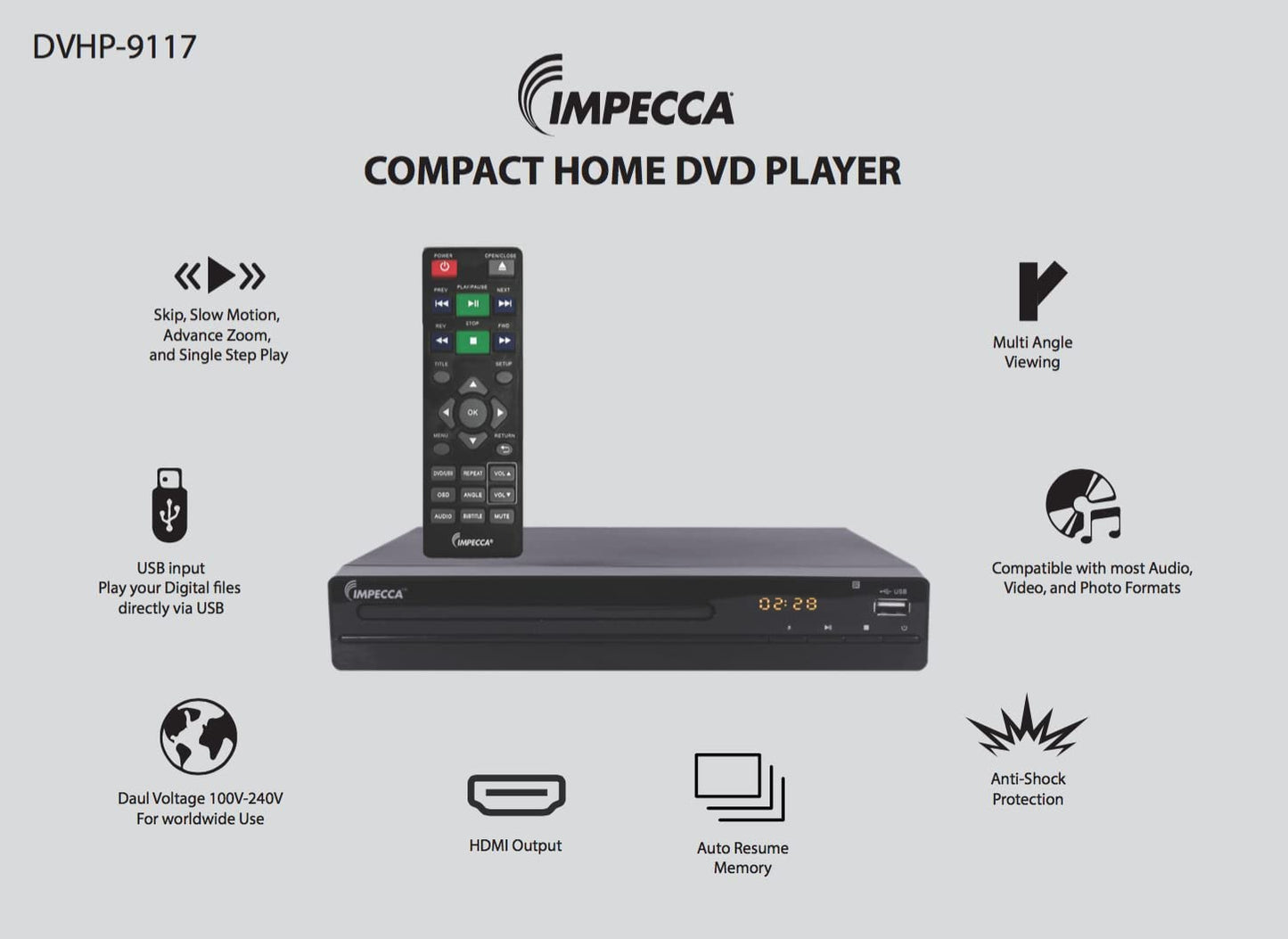 DVHP9117 DVD Player for TV, Multi-Region HDMI, RCA AV Cable, USB & CD MP3 Playback with Big Button Remote,1080P LED Display, 2.0 CH, 100-240V 