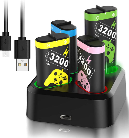 Professional Grade 4-Pack 3200mAh Rechargeable Battery Packs with Charger Dock and USB Charger Station for Xbox Series X|S, Xbox One S/One X/One Elite Controllers