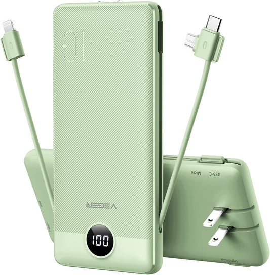 Slim USB C Portable Charger with Built-in Cables - Fast Charging Power Bank for iPhones, iPads, Samsung, and More, with Wall Plug and 10000mAh Capacity (Green)