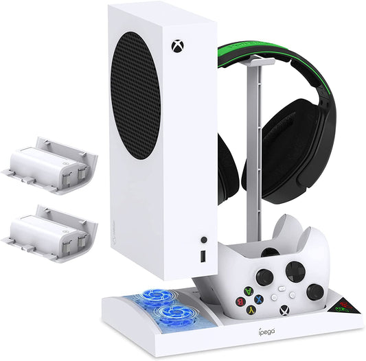 Vertical Cooling Fan Stand for Xbox Series S with Dual Controller Charging Dock Station, 2 X 1400mAh Rechargeable Battery Pack, and Headphone Bracket - White