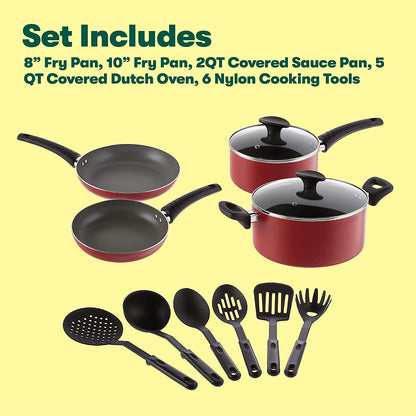 12-Piece Cookware Set with Utensils, Nonstick Scratch Resistant Cooking Surface, Compatible with All Stoves, Nylon and Aluminum Construction, Red