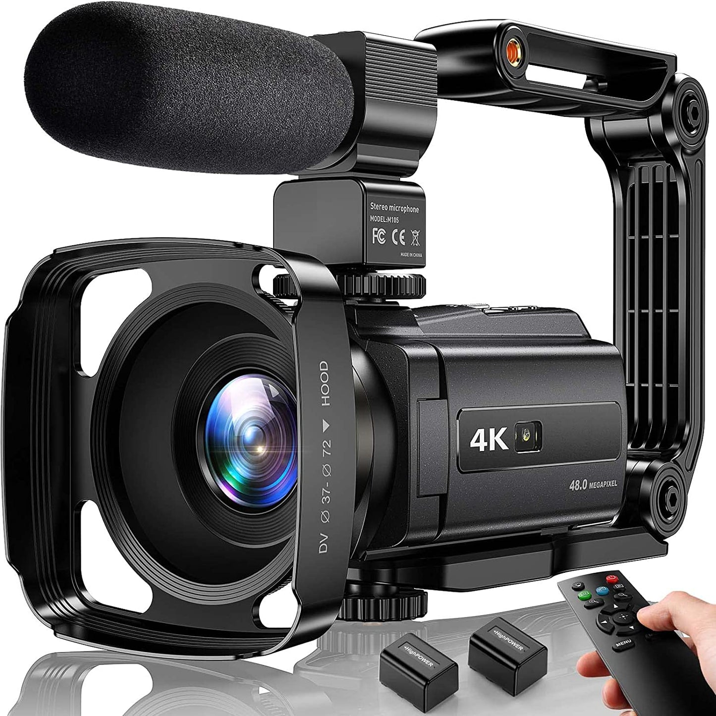 Professional 4K UHD Video Camera Camcorder with Wifi, IR Night Vision, Touch Screen for Recording, 48MP, 16X Digital Zoom, Microphone, Handheld Stabilizer, Lens Hood, Remote Control & 2 Batteries