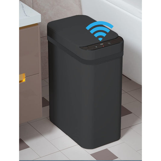 2.5 Gallon Touchless Bathroom Trash Can - Smart Motion Sensor, Skinny Design with Lid - Electric, Plastic, Auto Open - Small Slim Automatic Garbage Can (Black)