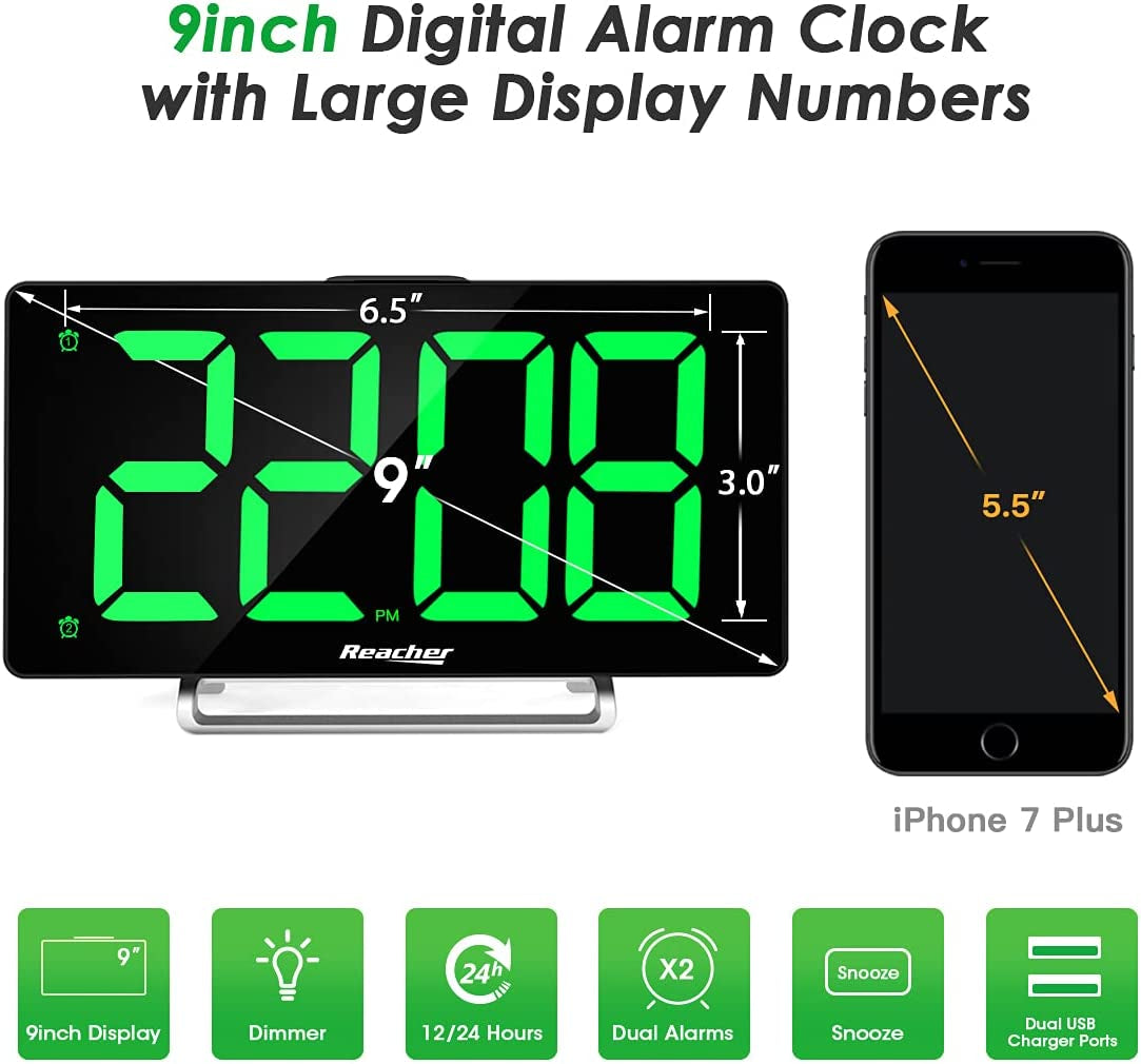 9" LED Digital Display Dual Alarm Clock with USB Charger Port and Dimmer - Ideal for Seniors, Simple Bedside Clock with Large Numbers for Bedrooms