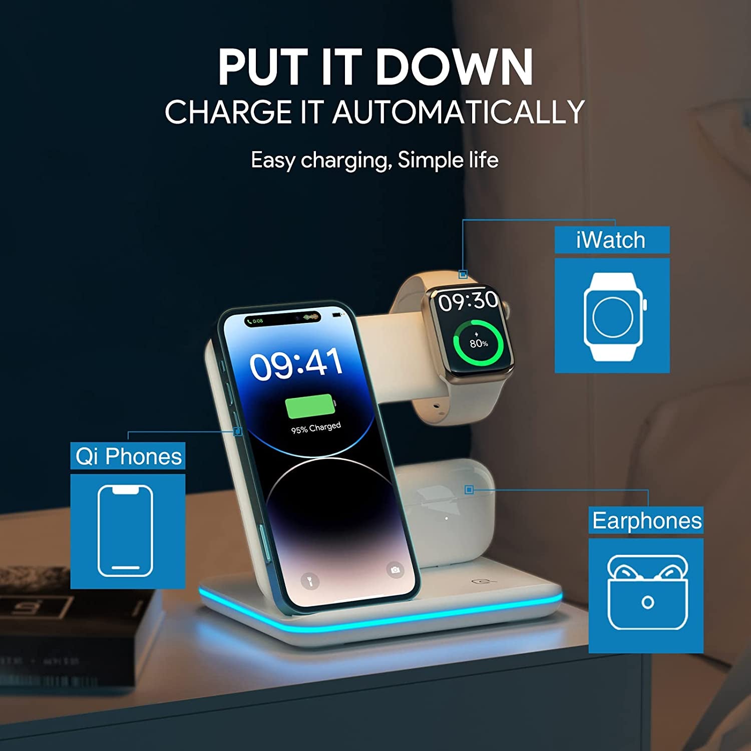 Multi-Device Wireless Charging Station with QC3.0 Adapter - Compatible with iPhone 14/13/12/11/Pro/Max/Xs/Xr/X/8/Plus, Apple Watch 8/7/6/5/4/3/2/Se, and AirPods (White)