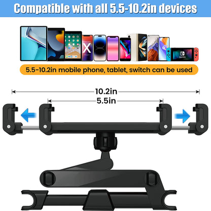 Car Tablet Holder - Universal Back Seat Mount for 5.5-11 Inch Screens - 360° Rotating Headrest Tablet Holder - Road Trip Essentials for Kids - Black