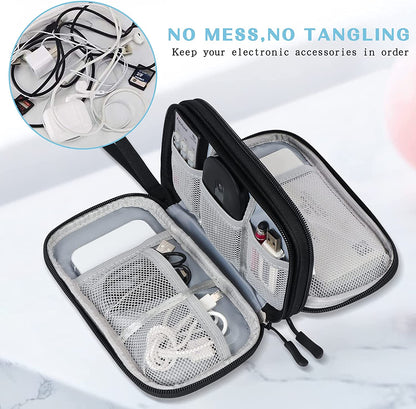 Portable Waterproof Travel Cable Organizer Pouch - Double Layer Electronic Accessories Carry Case for Cord, Charger, Phone, and Earphone Storage - Black