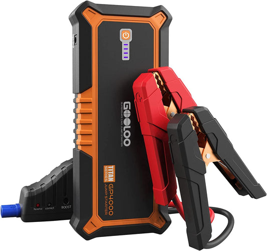 High-Performance 4000A Peak Car Jump Starter - 12V Auto Battery Booster with Supersafe Lithium Technology - Suitable for All Gas and up to 10.0L Diesel Engines - Portable Power Pack with USB Quick Charge and Type C Port - Vibrant Orange Design