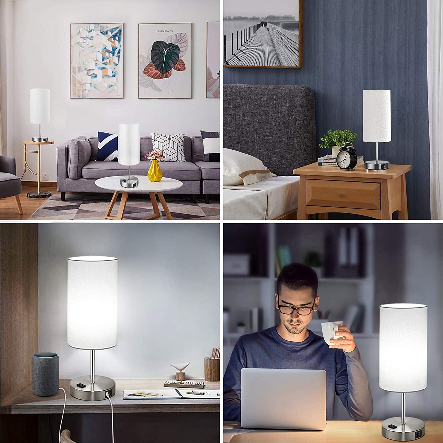 Set of 2 Touch Control Table Lamps with USB Charging Ports, AC Outlet, 3-Way Dimmable Functionality with White Fabric Lampshade and A19 LED Bulbs