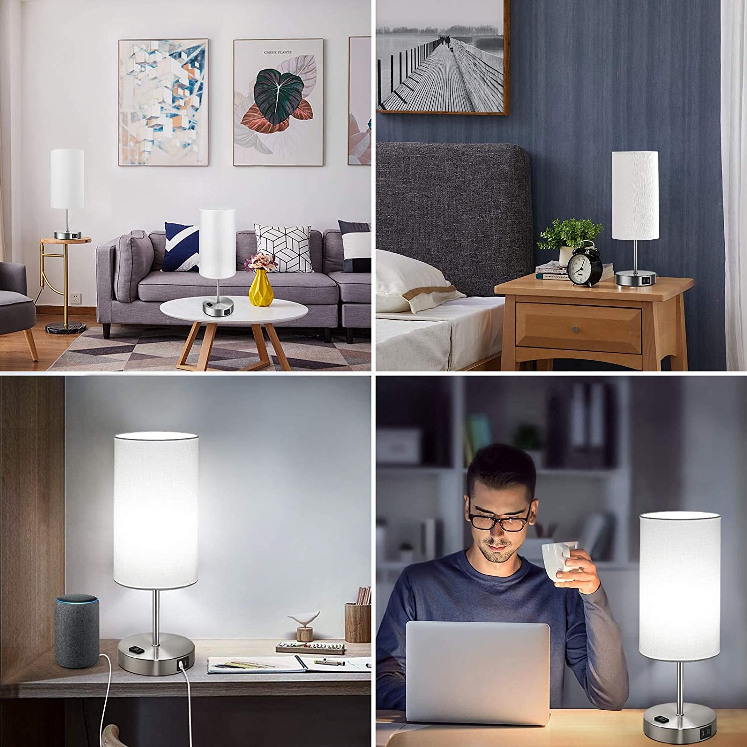 Set of 2 Touch Control Table Lamps with USB Charging Ports, AC Outlet, 3-Way Dimmable Functionality with White Fabric Lampshade and A19 LED Bulbs