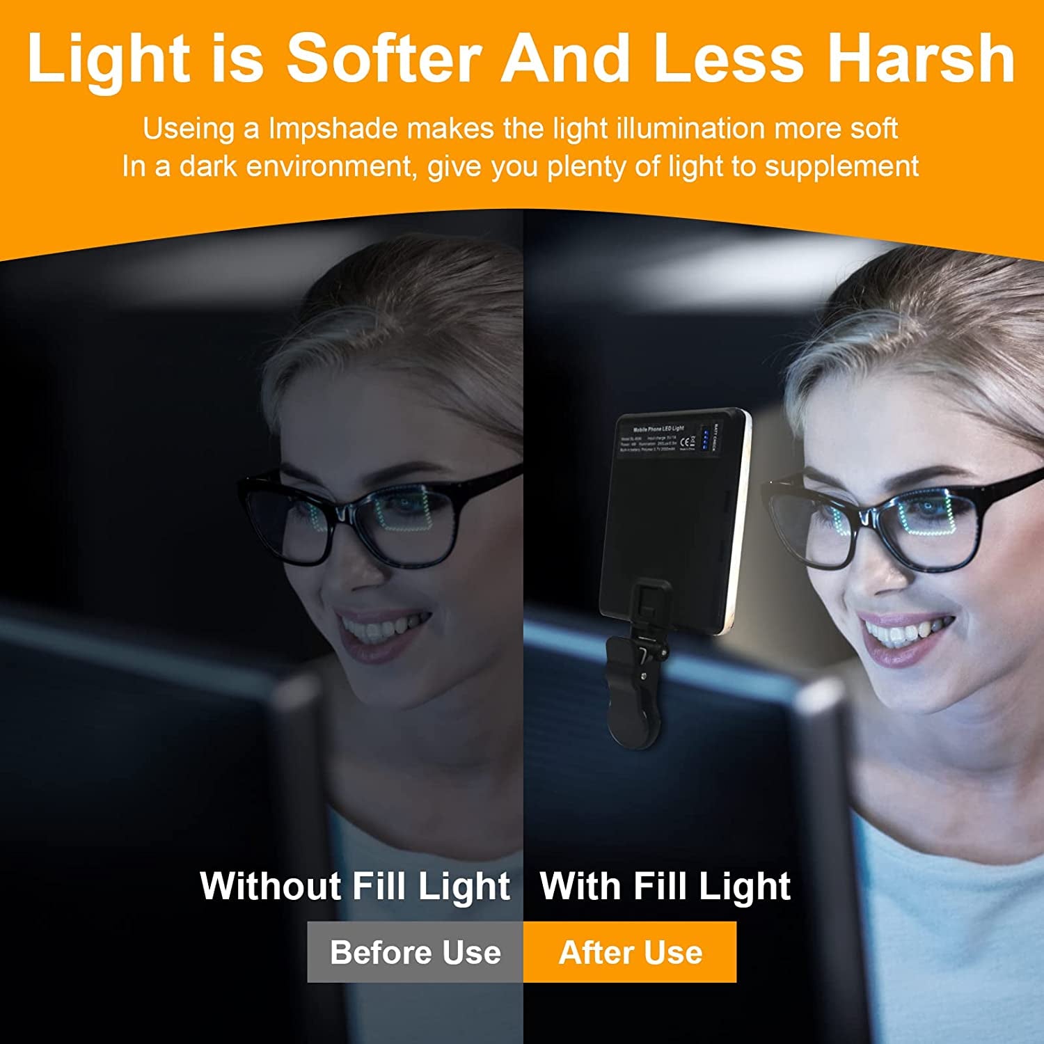 Portable Cell Phone Fill Light - Clip-On Video Light with 2000mAh Rechargeable Battery, 10-Level Brightness Adjustment, High CRI 95+, and 3 Dimmable Light Modes - Ideal for Video Conferencing