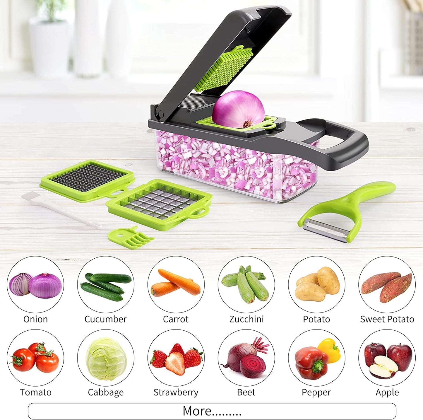 Versatile 13-In-1 Vegetable & Fruit Chopper with 8 Interchangeable Blades - Including Onion Chopper, Mandolin Slicer, and Cutter for Veggies - Complete with Colander Container - Essential Kitchen Tool for Preparing Salad, Potato, Carrot, Garlic