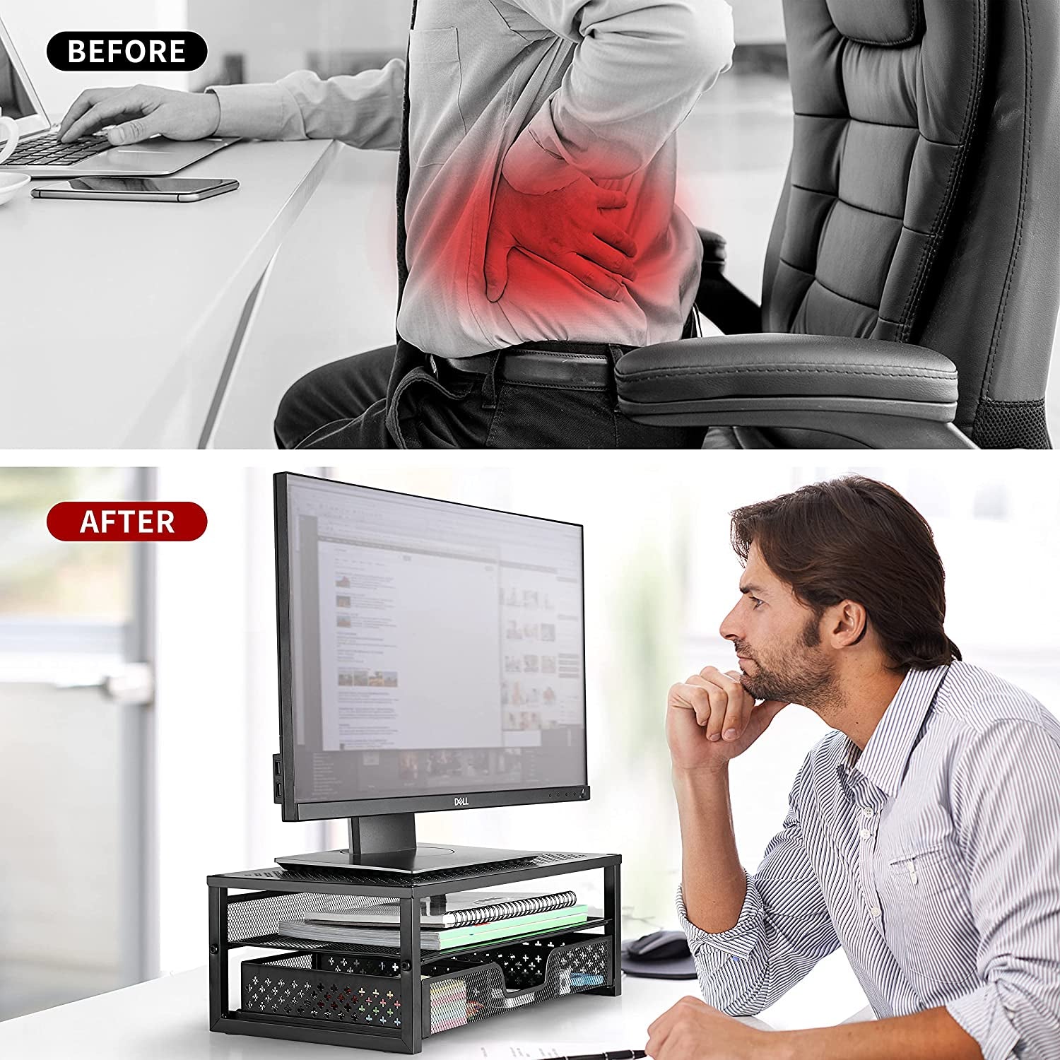 Metal Monitor Stand Riser with Integrated Desk Organizer and Drawer - Ideal for Laptops, Computers, iMacs - Black