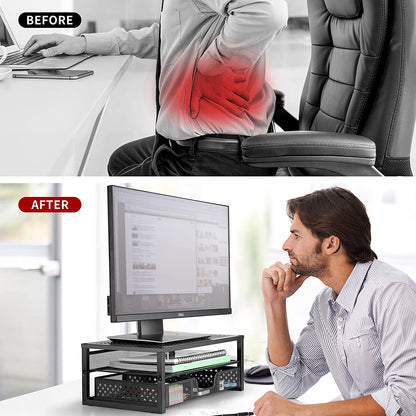 Metal Monitor Stand Riser with Integrated Desk Organizer and Drawer - Ideal for Laptops, Computers, iMacs - Black