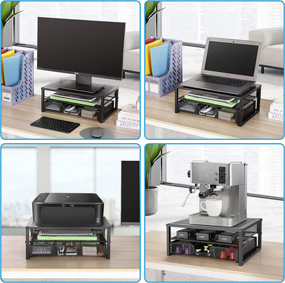 Metal Monitor Stand Riser with Integrated Desk Organizer and Drawer - Ideal for Laptops, Computers, iMacs - Black