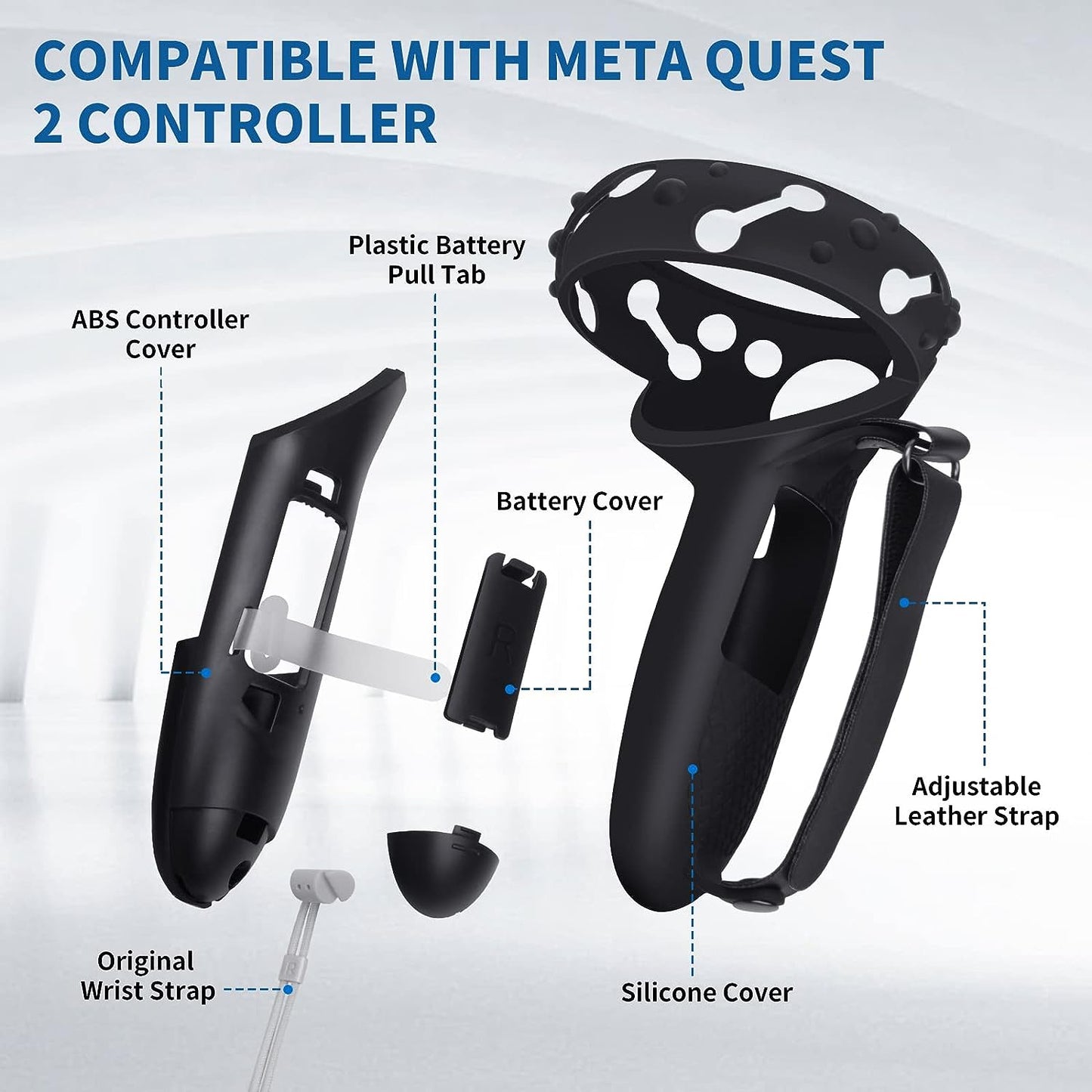 Enhanced Controller Grips Cover for Oculus Quest 2 with Anti-Throw Strap, Battery Opening, and Extended Design for Large Hands - Black