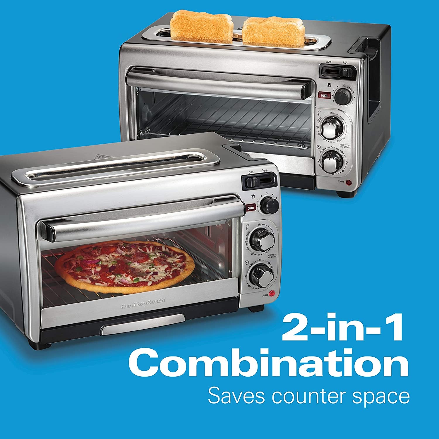 Multifunctional Stainless Steel Countertop Toaster Oven with Long Slot 2 Slice Toaster, 60 Minute Timer, Automatic Shut Off, and Shade Selector