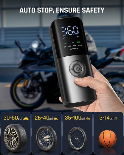 Efficient and Easy-to-Use Portable Tire Inflator for Cars and Motorcycles with Auto Stop Function, Cordless Electric Bike Air Pump, Rechargeable Battery, Large LCD Display and Lightweight Design