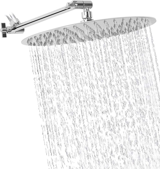 Stainless Steel Rainfall Showerhead with Adjustable Arm, Ultra-Thin Design, High Pressure, Pressure Boosting,12-Inch Chrome Shower Head with 11'' Arm"
