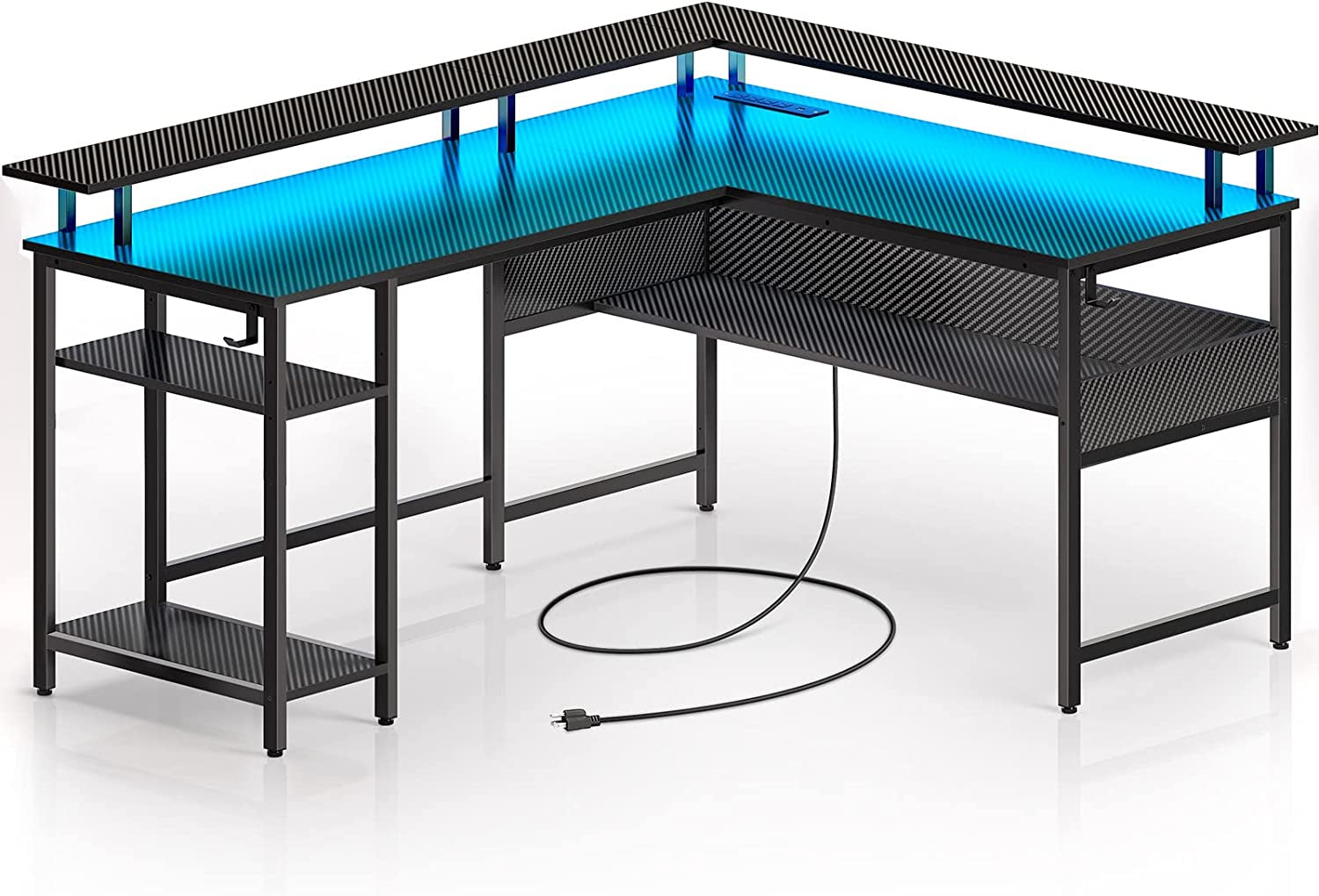 Carbon Fiber Computer Desk with LED Lights, Power Outlets, and Storage - Reversible L Shaped Gaming Desk with Monitor Stand, USB Port, and Hook