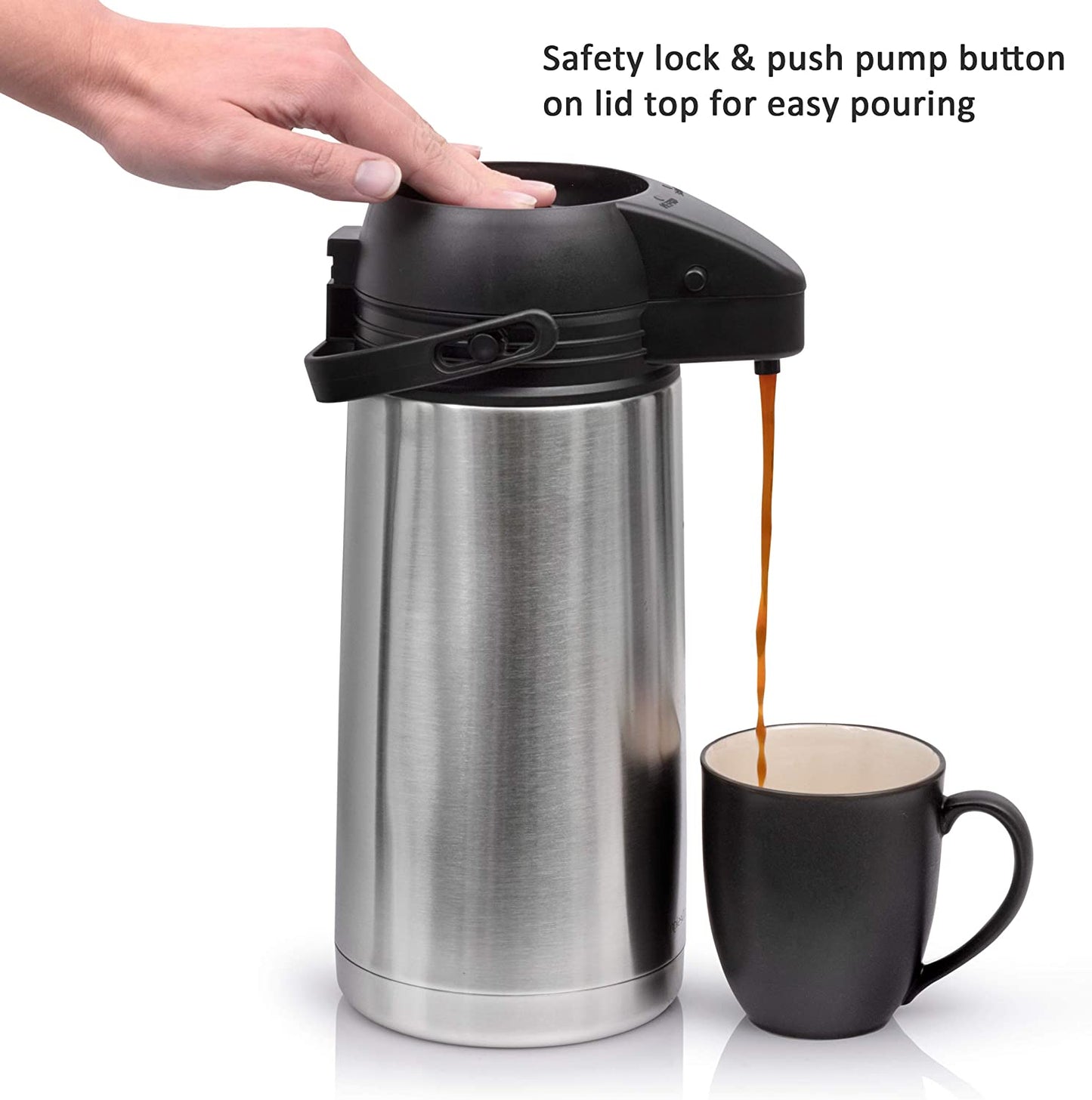 1.9 Liter (64 Oz) Airpot Coffee Dispenser with Convenient Push Button | BPA-Free Stainless Steel Carafe | Double-Wall Vacuum Insulated Thermos 