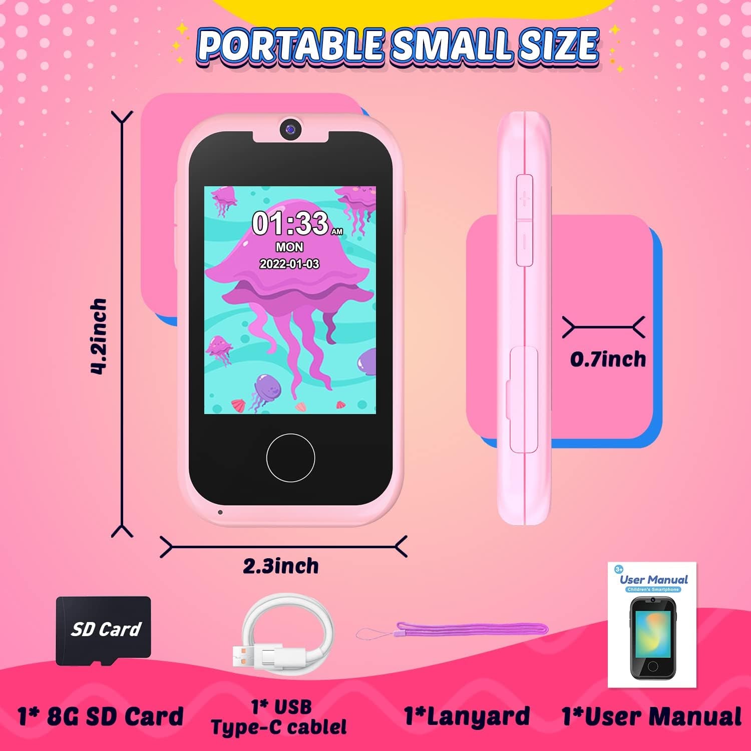 Pink Kids Smart Phone with Dual Camera and MP3 Music Player, Educational Learning Toy for Girls Age 3-6, Perfect Christmas and Birthday Gift, Includes SD Card