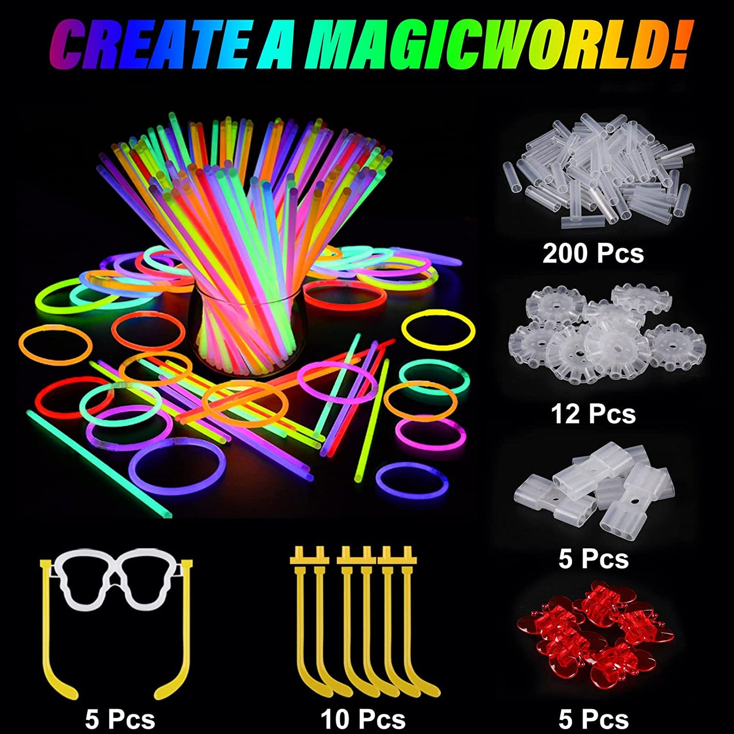 Large Assortment of 200 Glow Sticks with 467 Pieces: Party Favors for Kids and Adults, Including Glowsticks in 7 Vibrant Colors, Connectors for Glow Necklaces, Flower Balls, Luminous Glasses, and Triple/Butterfly Bracelets