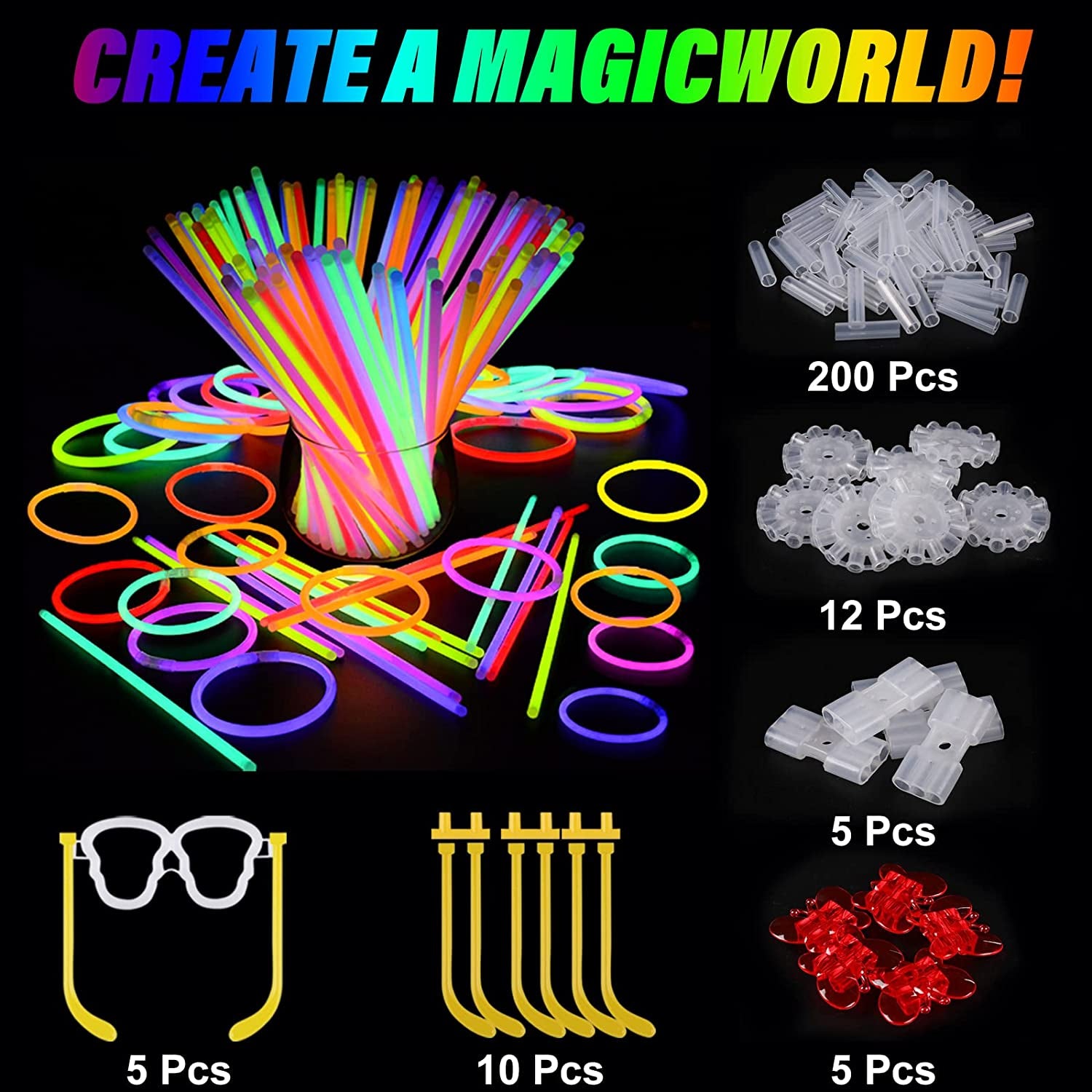 Large Assortment of 200 Glow Sticks with 467 Pieces: Party Favors for Kids and Adults, Including Glowsticks in 7 Vibrant Colors, Connectors for Glow Necklaces, Flower Balls, Luminous Glasses, and Triple/Butterfly Bracelets