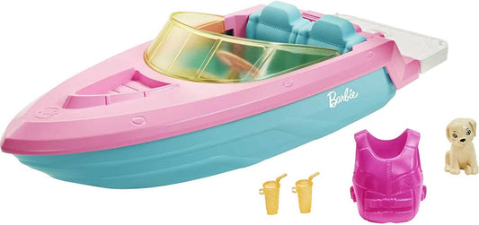 Barbie Toy Boat: Including Pet Puppy, Life Vest, and Beverage Accessories – Accommodates 3 Dolls, Waterproof Floating Design