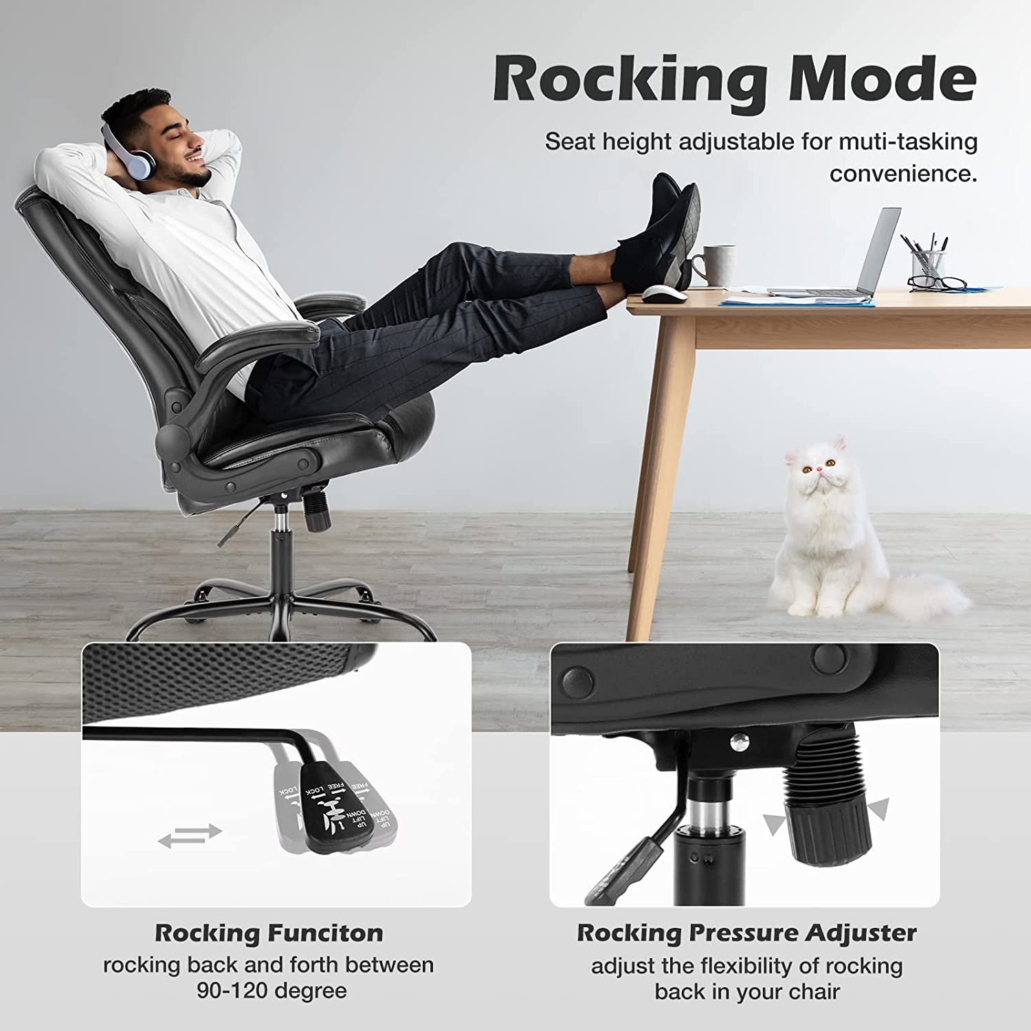 Professional Office Chair - Ergonomic Adjustable Computer Desk Chair with High Back Flip-Up Armrests, Swivel Task Chair with Lumbar Support and Bonded Leather