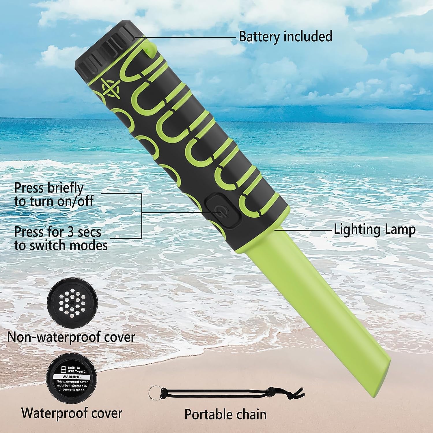 Metal Detector Pinpointer Fully Waterproof IP68, Metal Detector for Adults & Kids up to 50FT Underwater, 3 Modes Handheld Pinpointer Metal Detector with Battery & Holster for Treasure Hunting